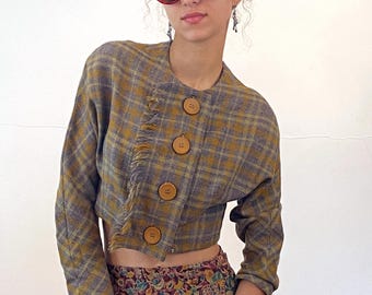 1950s Tartan Plaid Jacket XS, Vintage Mustard Gray Fringed &quot;De&#39;Zanne New York&quot; Cropped 50s Wool Top with Big Buttons, Extra Small