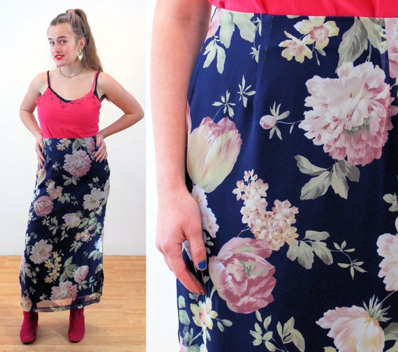 Navy blue skirt pink flowers outlet