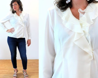 80s White Poet Blouse M, Vintage Romantic Ruffle Satin Chiffon "Joan Leslie" Boho Portrait Collar Top, Medium