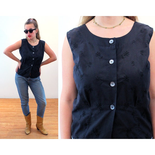 60s "Ship 'N Shore" Blouse M, Vintage Black Eyelet Sleeveless Classic Simple Basic 1960s Retro Top, Medium