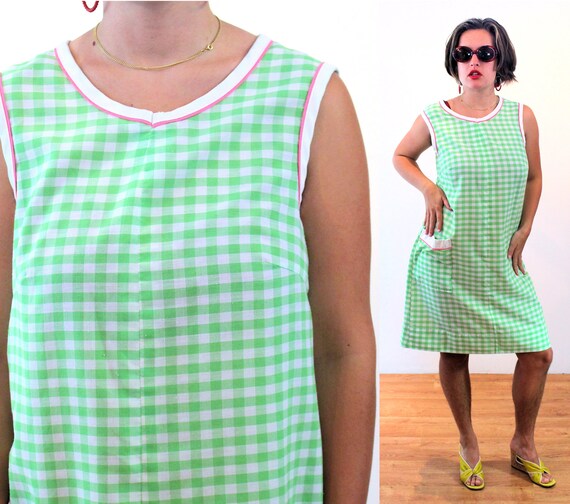 70s Checkered Scooter Dress L XL, Vintage Green W… - image 1