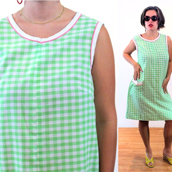 70s Checkered Scooter Dress L XL, Vintage Green White Pink Gingham Housedress Shift "Komar" Sleeveless Retro Summer Plaid Tent Dress, Large