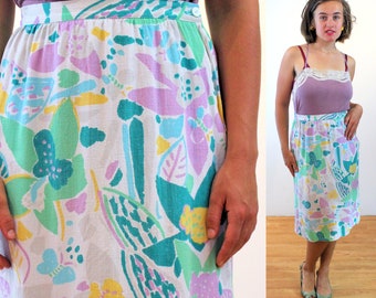 80s Floral Linen Skirt M, Vintage Green White Pink Colorful Flower Butterfly Print Casual Retro Summer Pencil Skirt, Medium