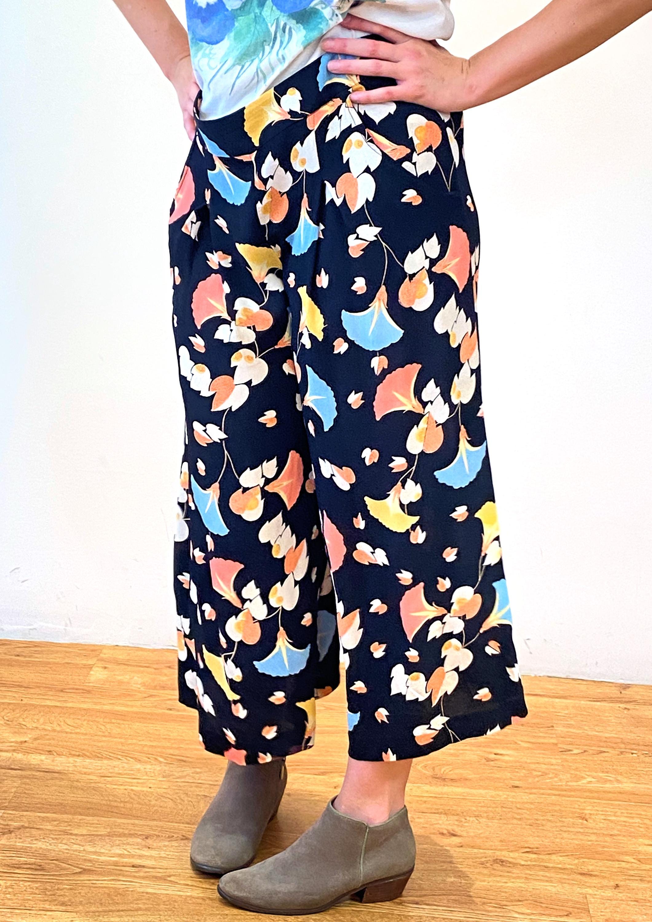 90s Floral Wide Leg Pants M, Vintage Palazzo Black Peach