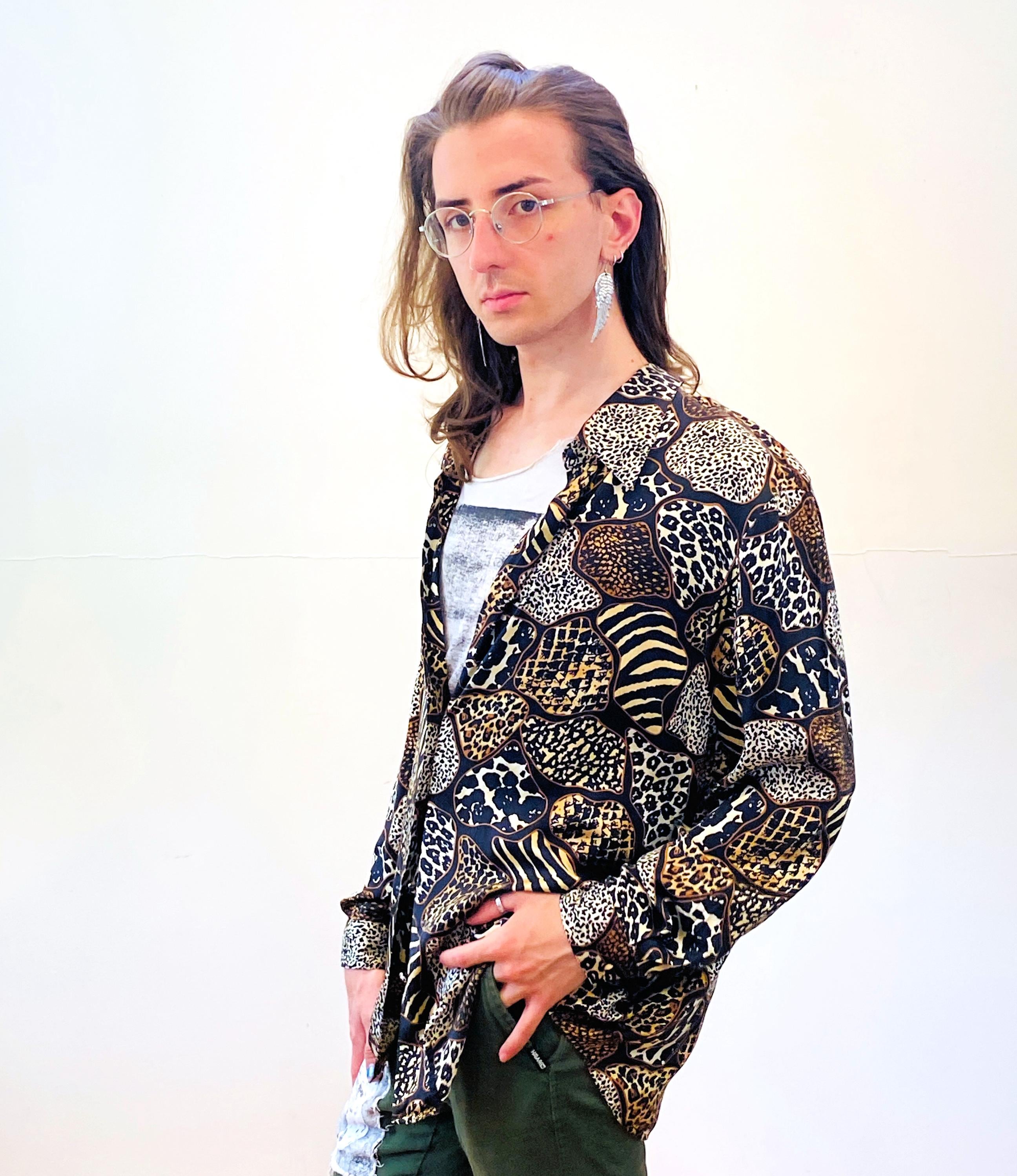 90s Silk Leopard Print Blouse L XL, Vintage Jessica Holbrook