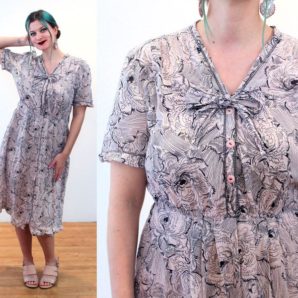 1930s "Georgiana Frocks" Dress M, Vintage Pink Black Floral Bow 30s 40s Summer Cotton Lawn Pre-WWII Frock, Medium