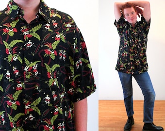 90s Ukulele Print Hawaiian Shirt XL 2XL, Vintage Black Tropical Tiki Hula Dancers "Straight Down American Classics" Aloha, Extra Large