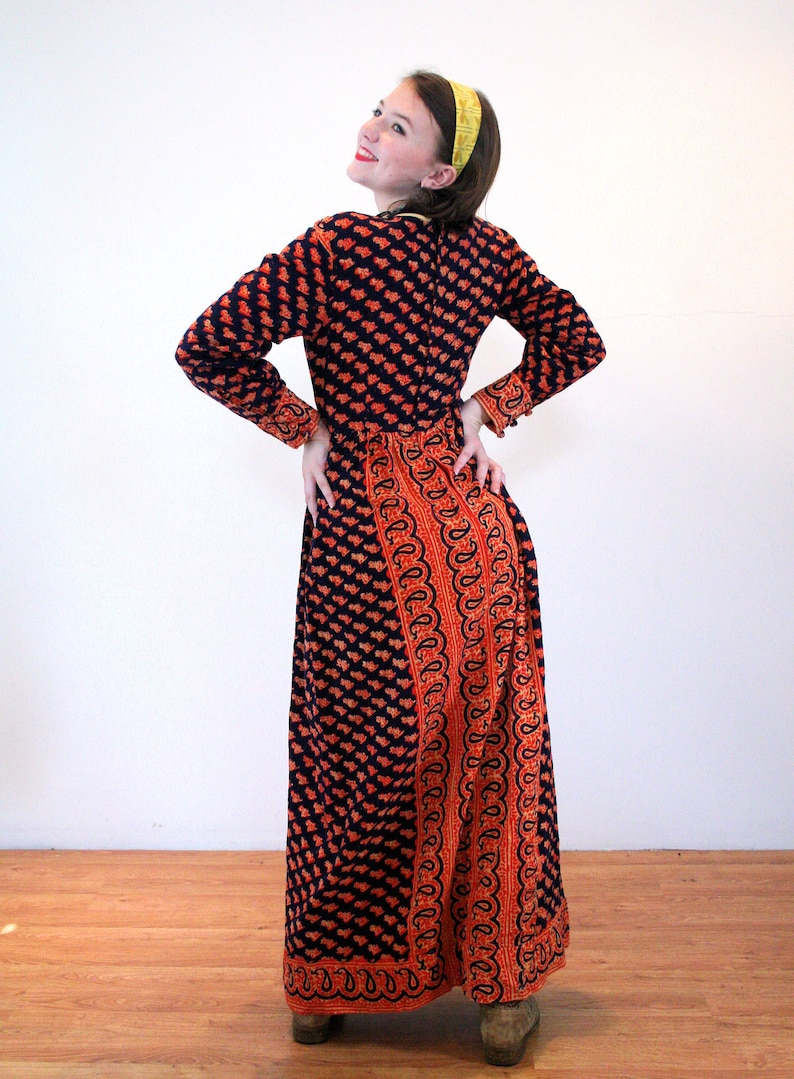 70s India Bazaar Dress S M Vintage Hippie Block Print Cotton Navy Orange Hand Woven Maxi Small Medium