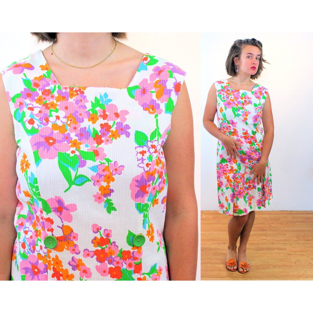 Vintage 60s Semi Sheer Orange Floral Print Dress, S 26