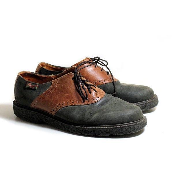 90s Bass Men's Saddle Shoes Size 7.5 M, Vintage Two Tone Black Brown Nubuck Suede Leather Oxfords, Fits like Women's 9