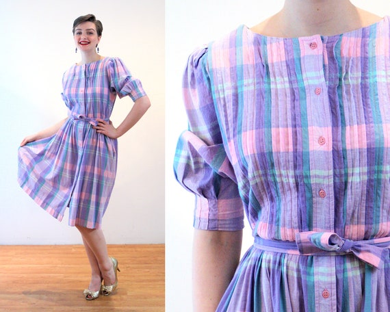 80s India Madras Dress M, Plaid Lavender Teal Cott