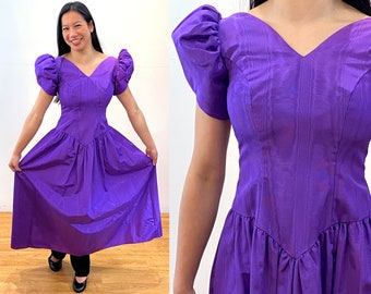 80s Puffed Sleeve Dress S XS, Vintage Royal Purple Moire Satin Lady Diana Style "House of Bianchi" Long Prom Gown with Bows, Small