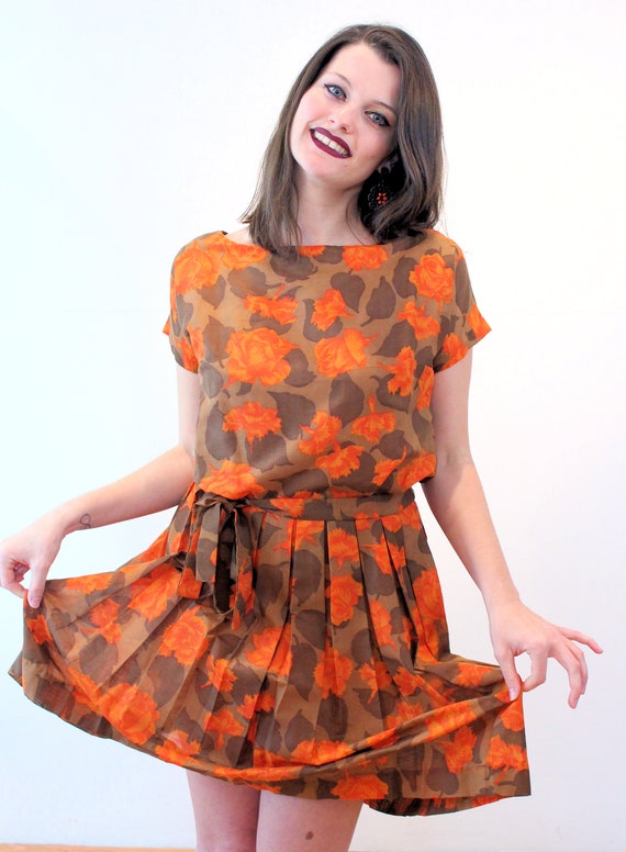 60s Autumn Floral Dress S, Vintage Orange Brown P… - image 5