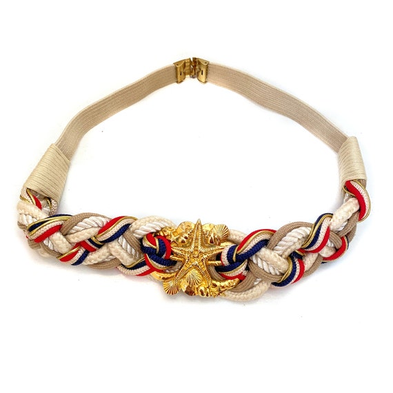 90s Starfish Nautical Belt L, Vintage White Red B… - image 1