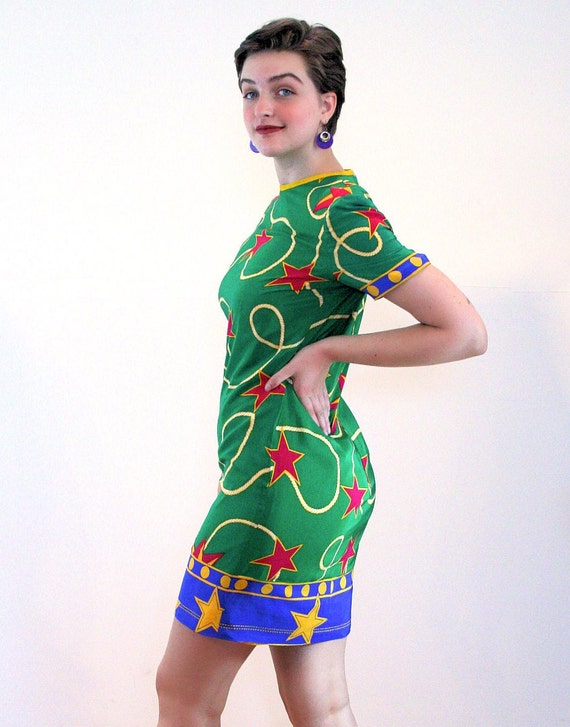 80s Silk Star Print Dress M, Vintage Green Bright… - image 4