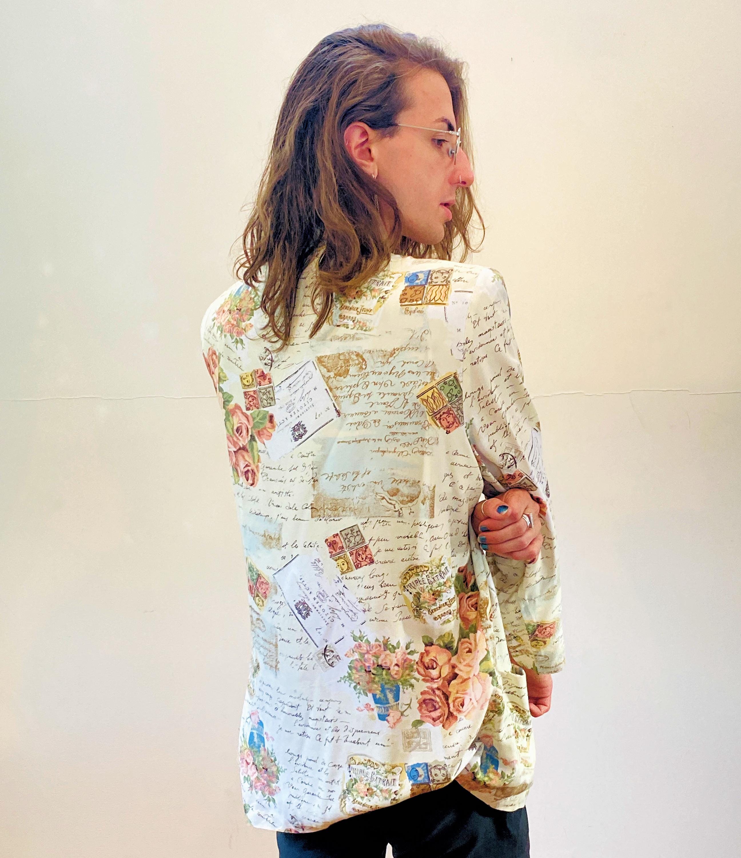 80s Novelty Print Blazer L, Vintage French Roses Letters 