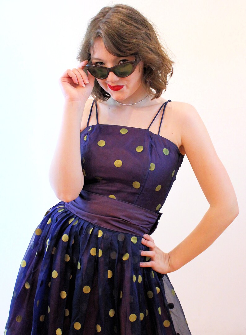 50s Polka Dot 2 Piece Party Dress XS Vintage Gold Metallic & Etsy