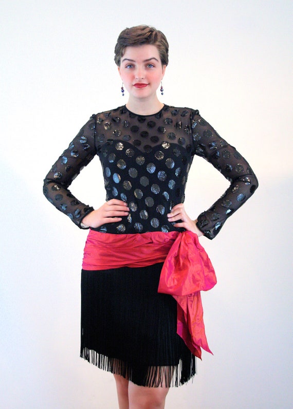 80s Deadstock Flapper Dress S, Vintage Black Pink… - image 5