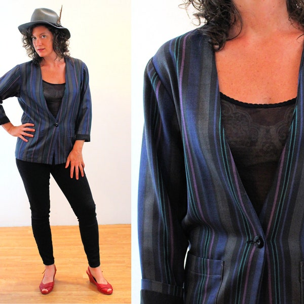 80s Collarless Striped Jacket M, Vintage Dark Blue Purple Gray Deep V Neck Retro 1980s Rayon Blazer with Pockets, Medium