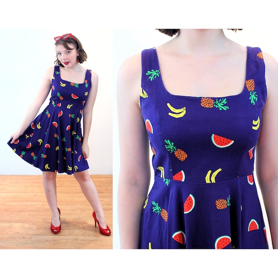 90s Fruit Print Dress XS, Vintage Blue Cute Novel… - image 1