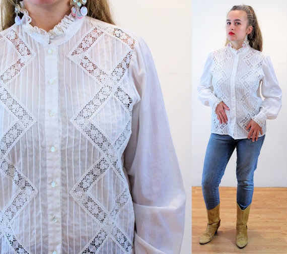 トップス vintage white lace high neck blouse Vintage 70s White Lace High Neck Blouse With Floral Lace
