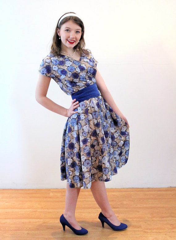 50s Floral Party Dress XS, Vintage Blue Satin Two… - image 2