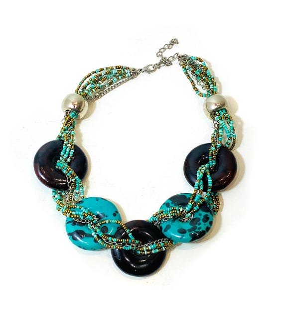 90s Boho Beaded Necklace, Vintage Hefty Glass Discs Faux Turquoise