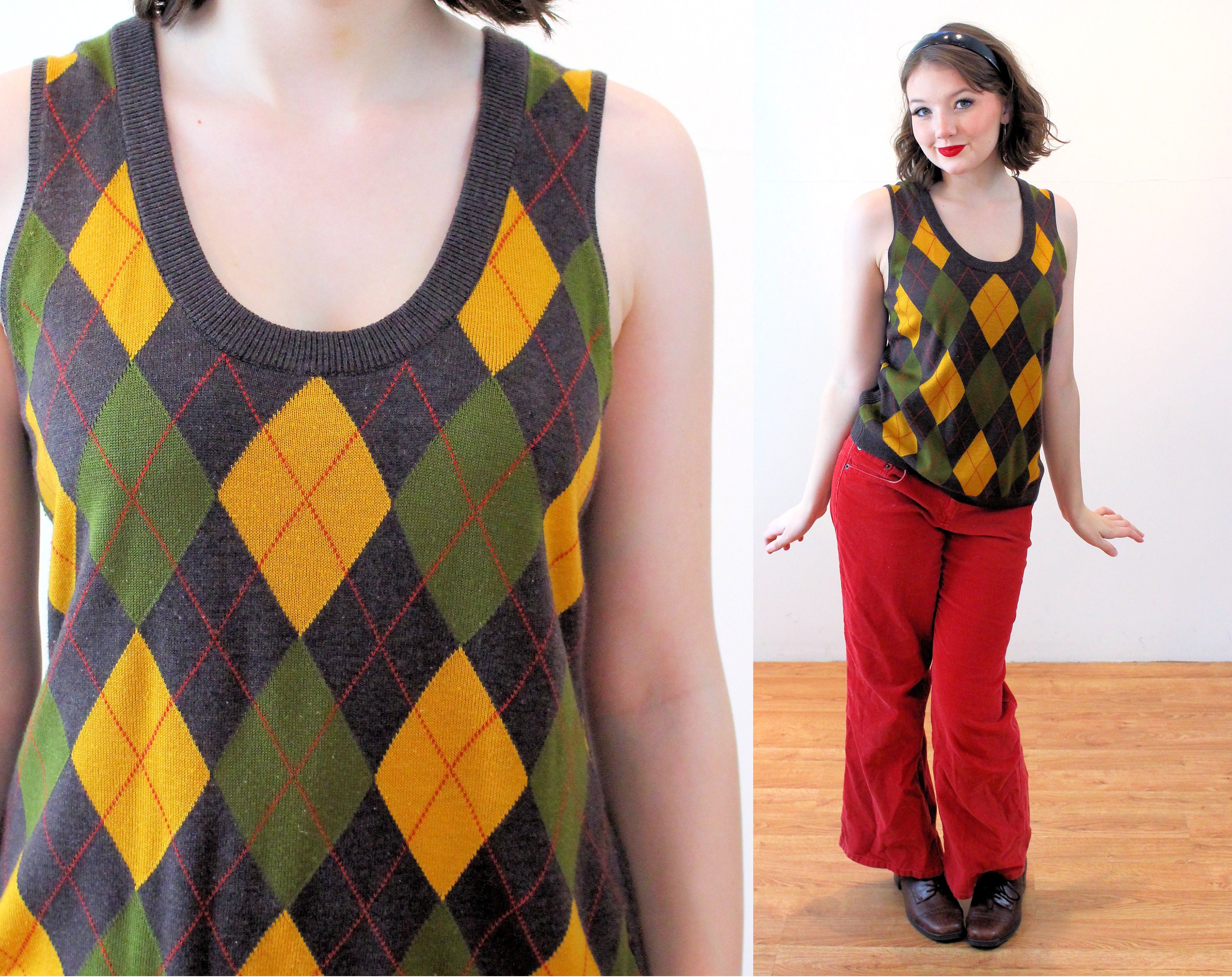 Y2K Argyle Sweater Vest S Vintage Soft 