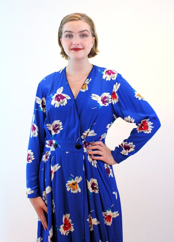 90s Liz Claiborne Wrap Dress M, Vintage Blue Flor… - image 5