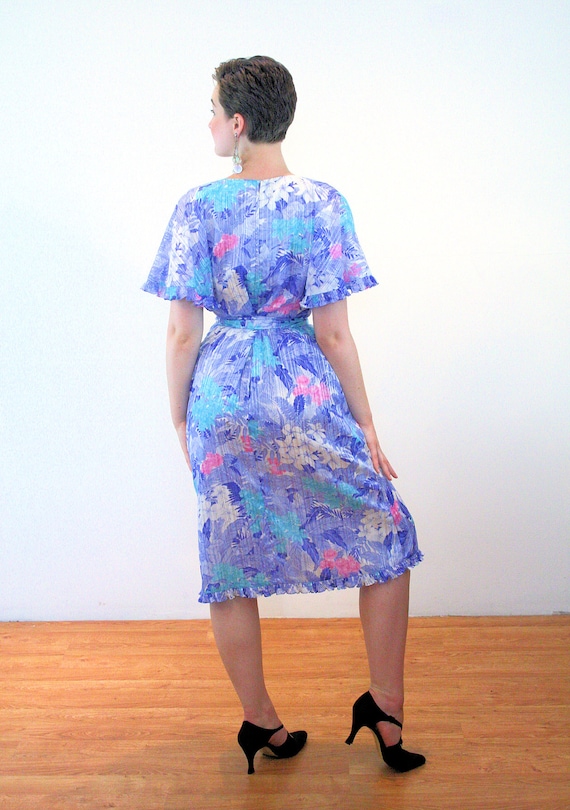 80s Angel Sleeve Floral Dress S M, Vintage Blue T… - image 3