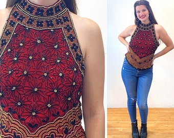 80s Beaded Top M, Vintage Wine Red Silk Black Gold Embellished Glam "Papell Boutique" Sleeveless Party Halter Top, Medium