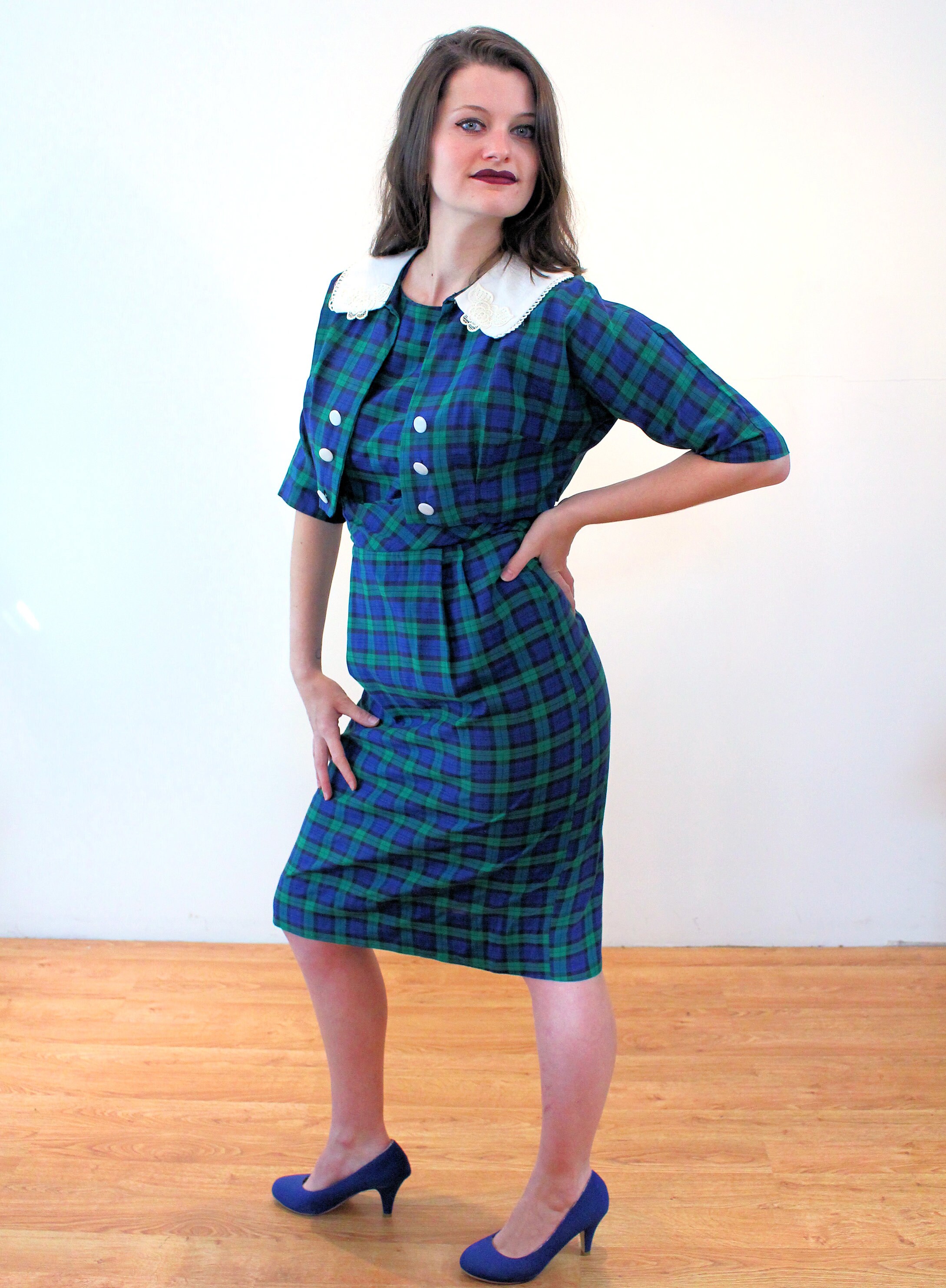 50s Tartan Dress & Jacket Set S M, Vintage Blue Green Plaid