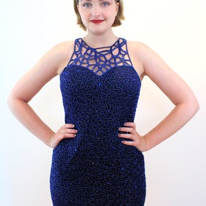 90s Royal Blue Beaded Dress S, Vintage Silk SCALA Deco Glam Vampy Cut Out Spider Web Long Formal Drag Queen Prom Ball Gown, Small