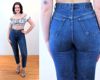 80s Highwaisted Skinny Jeans 28 x 27, Vintage Blue Cotton "Supplies" Mom Jean Cut Offs, Small