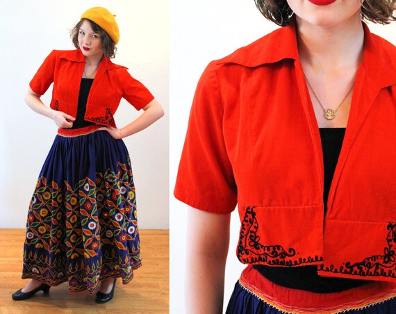 50s Red Corduroy Bolero XS, Vintage Mary Muffet Bl