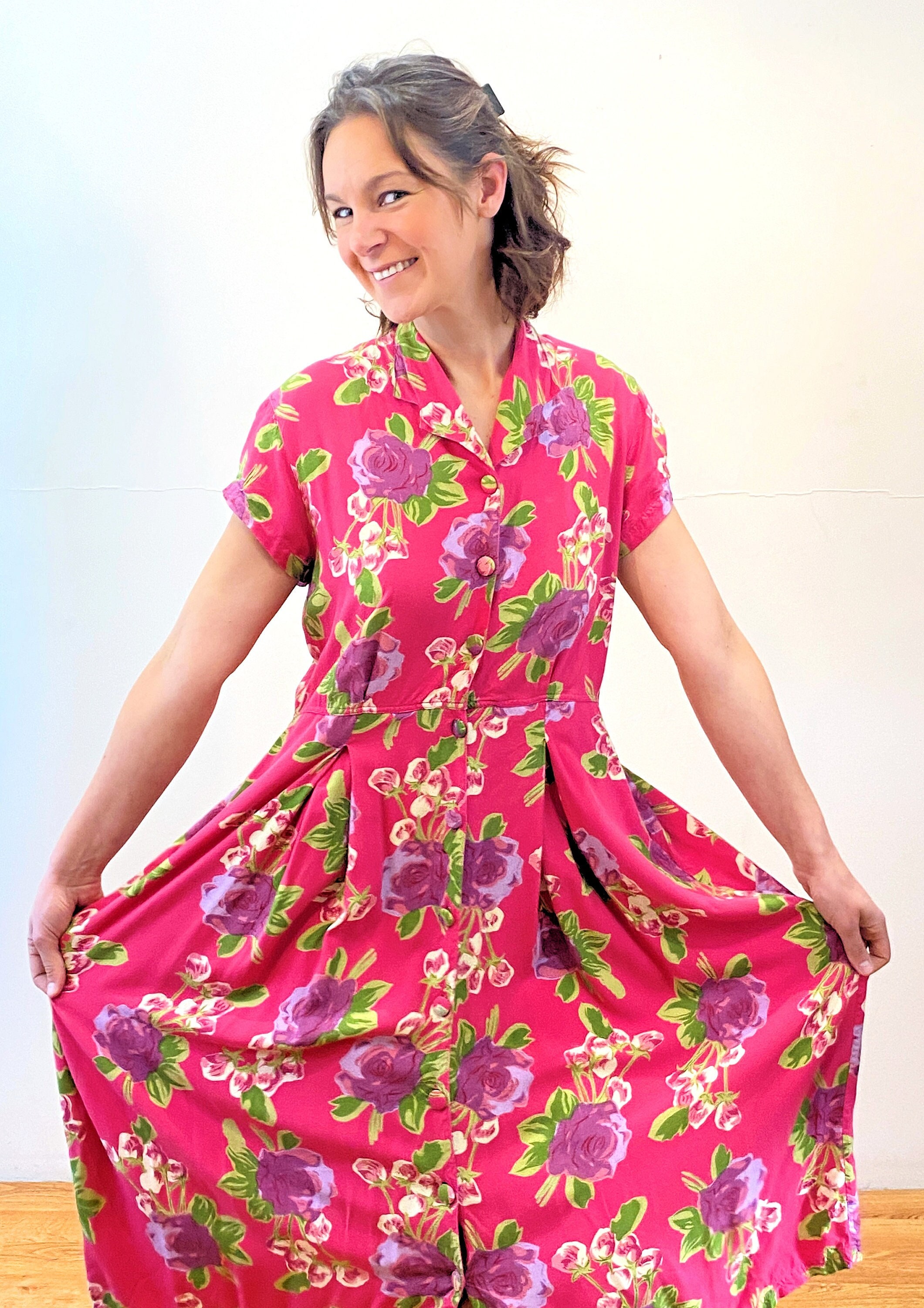 90s April Cornell Dress L, Vintage Pink Floral Rayon