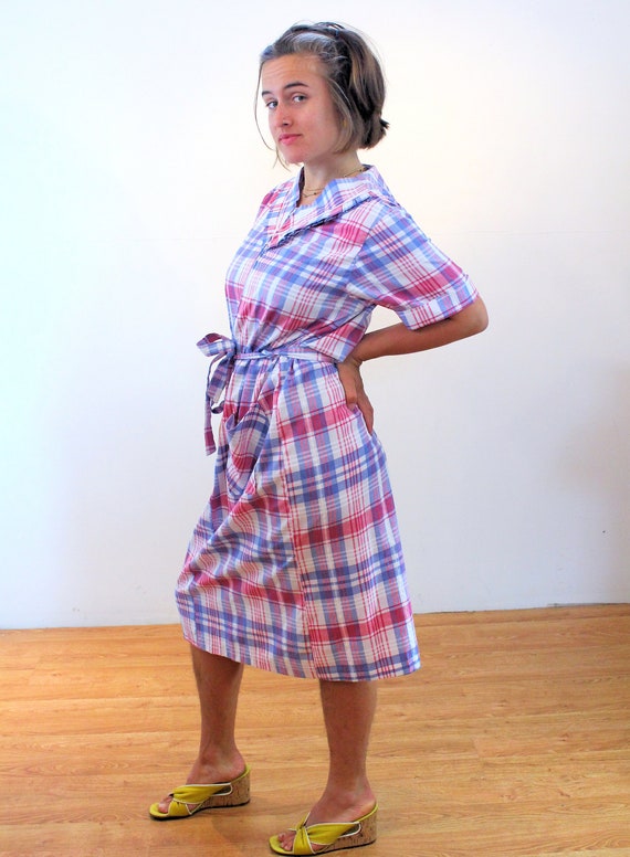 80s Plaid Housedress L, Vintage Pink Blue Zip Up … - image 2