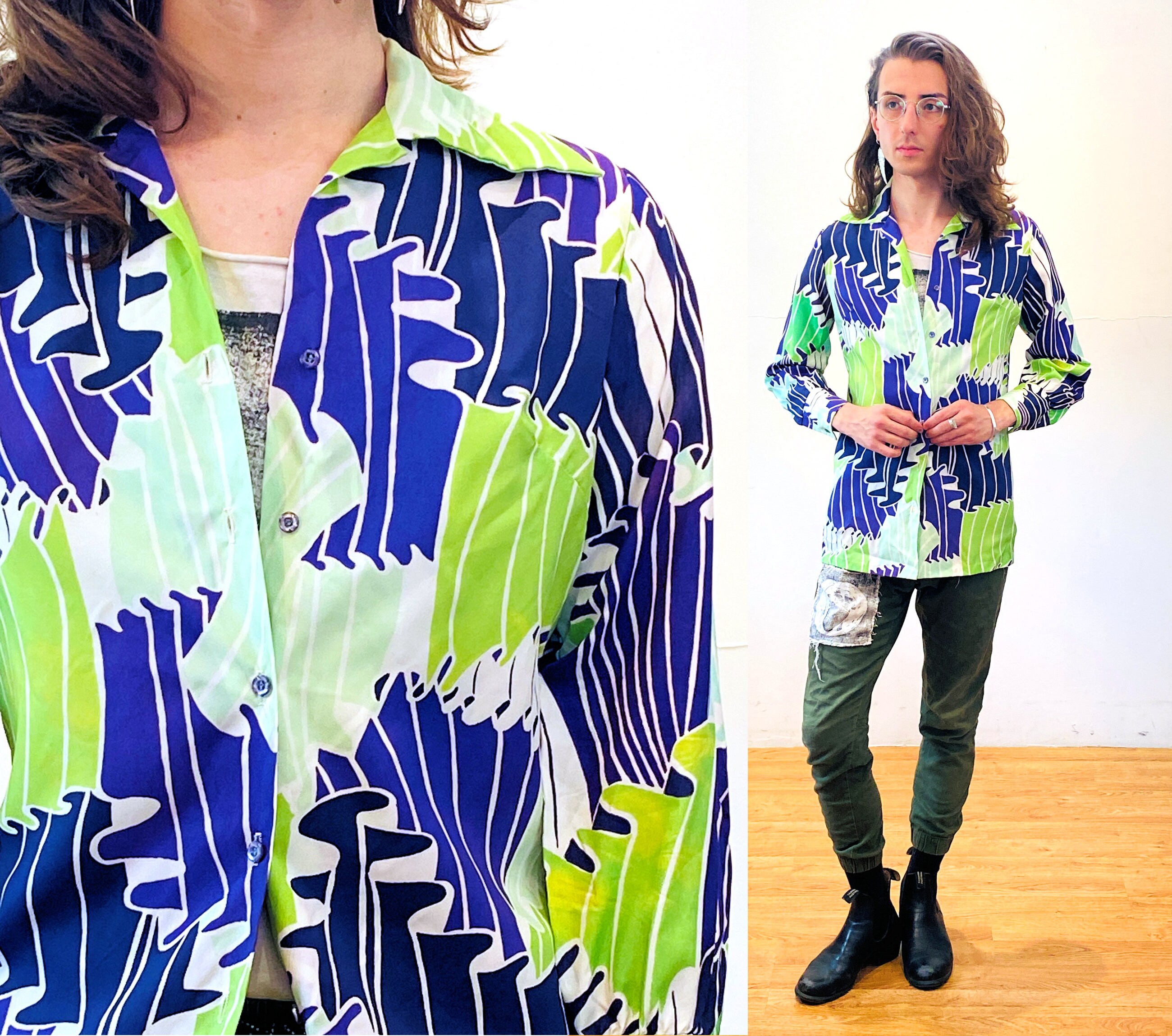 70s Mod Blouse M, Vintage Chartreuse 