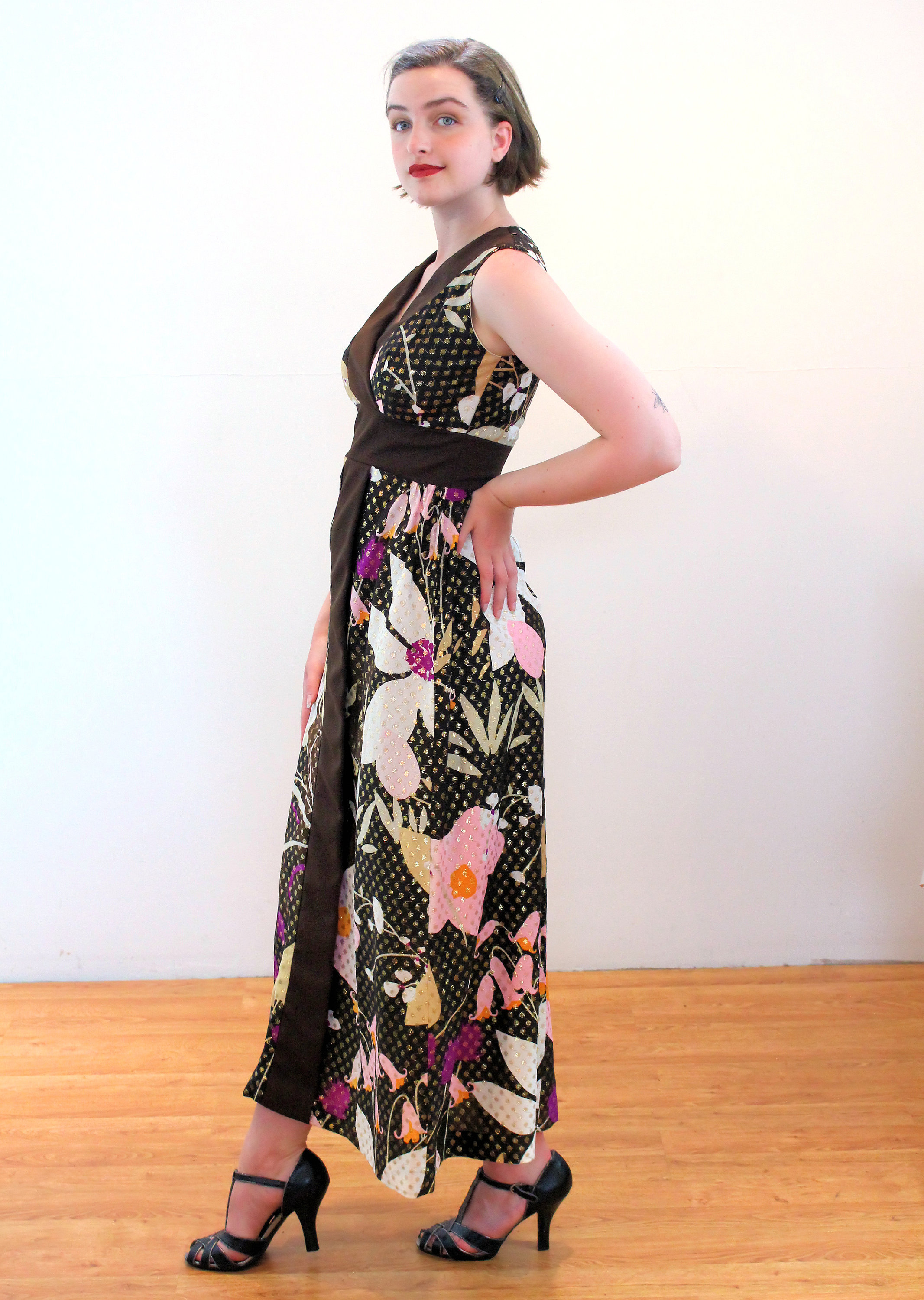 70s Metallic Mod Maxi Dress S Vintage Gold Floral Dotted - Etsy
