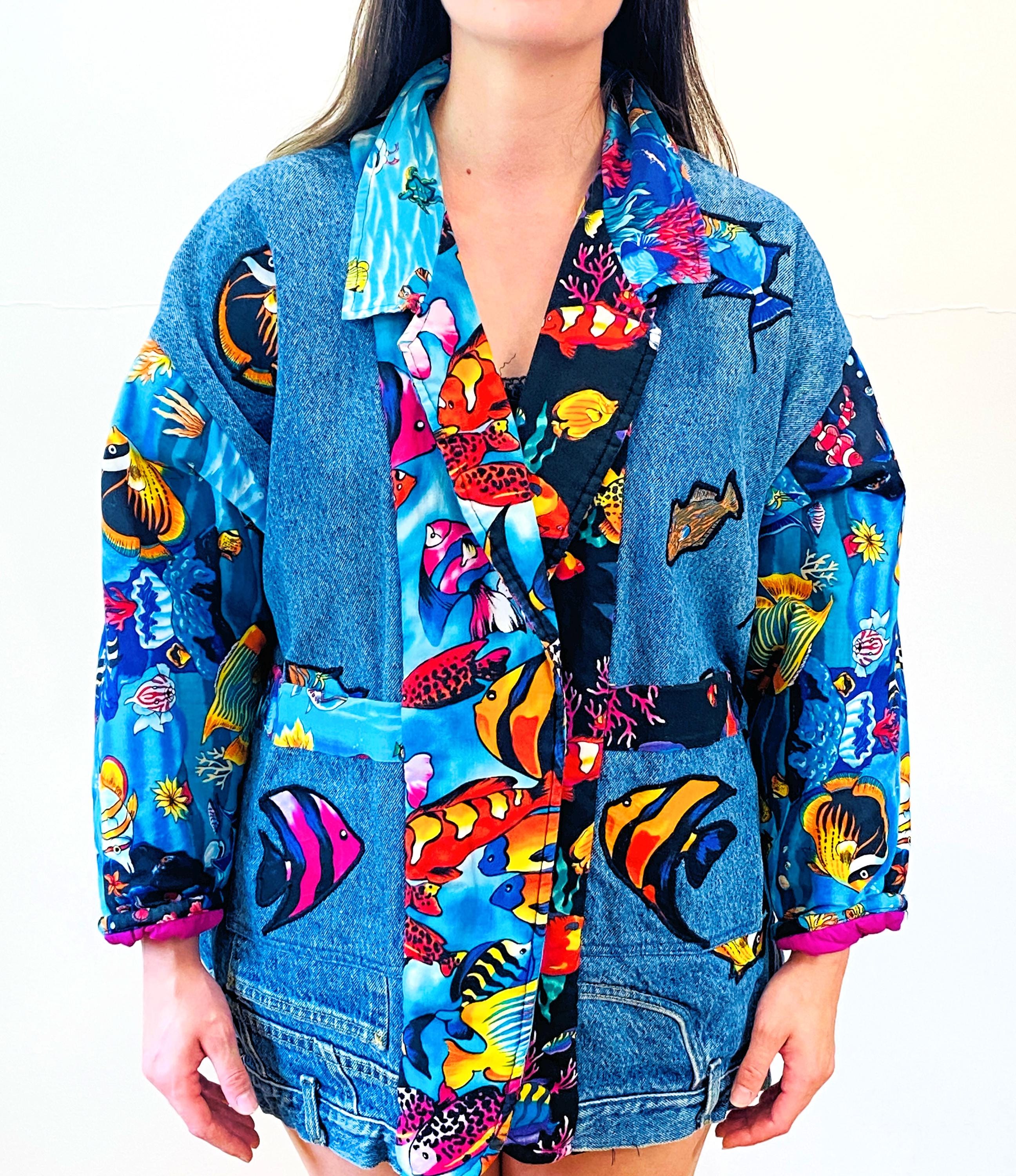 80s Patchwork Fish Print Coat L XL, Vintage Handmade Denim
