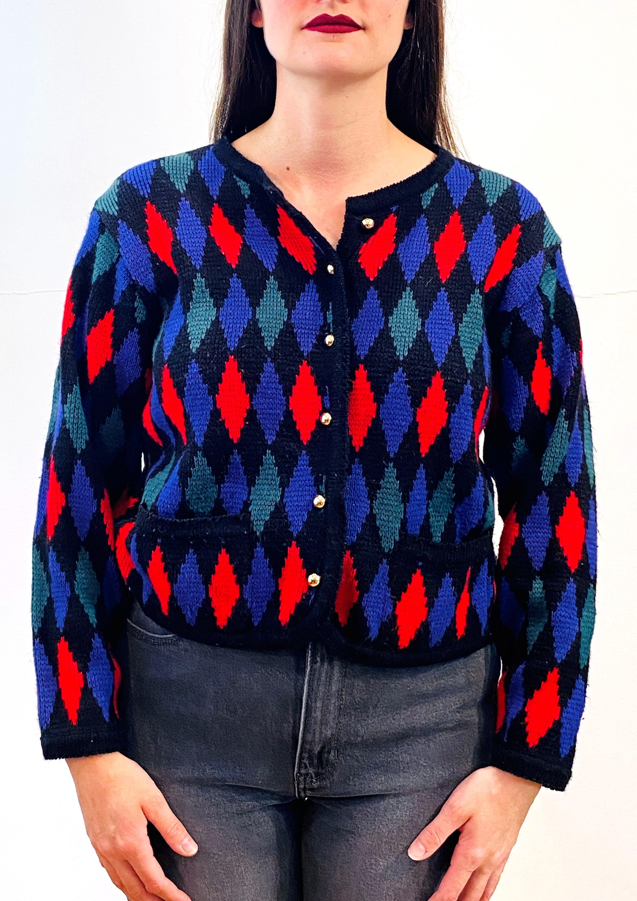 80s Harlequin Cardigan M, Vintage Colorblock Argyle Knit