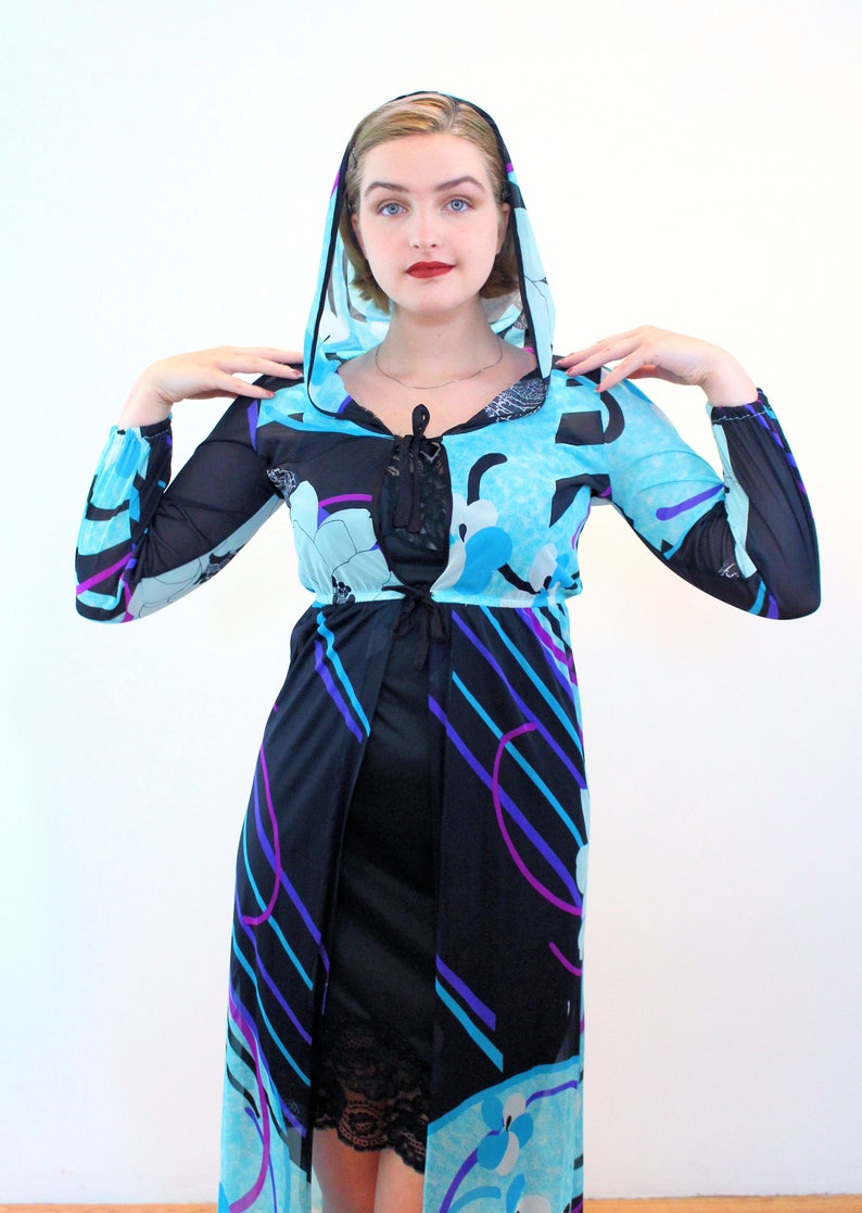 70s Mod Hooded Cloak S, Vintage Blue Psychedelic Print Swimsuit Coverup Rare Elizabeth Stewart Designer Saks 5th Ave Duster Dress, Small image 6