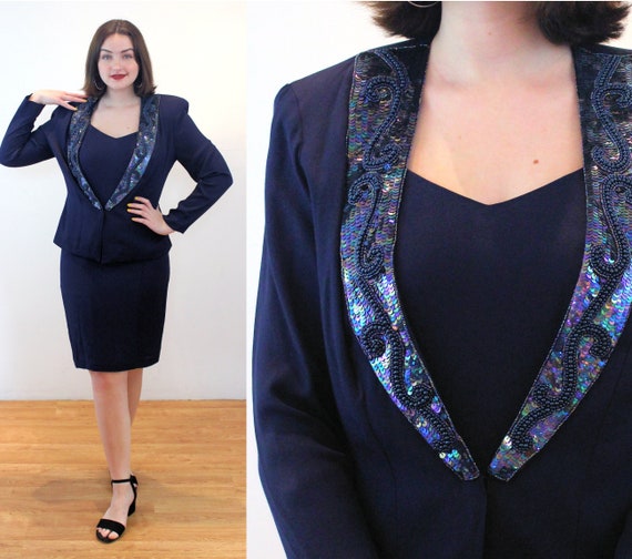 80s Beaded Jacket & Dress Suit M, Vintage Navy Bl… - image 1