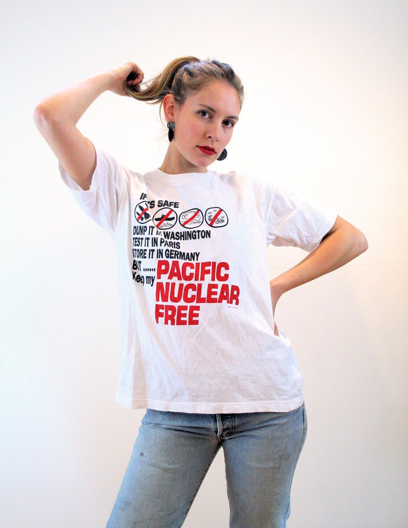 80s Pacific Nuclear Free T-Shirt M, Vintage White Red Rare Environmental Activist Anti War Protest No Nukes No Dumping Political Tee, Medium image 2