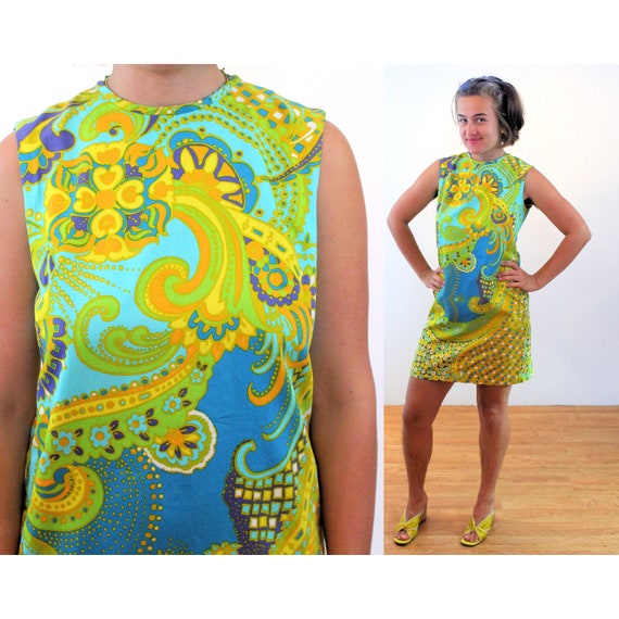 60s Mod Paisley Mini Dress M, Vintage Yellow Blue… - image 1