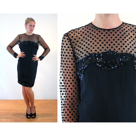 80s NOS Designer Party Dress S, Vintage Black Lac… - image 1