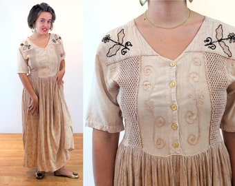 90s Crochet Trim Dress M, Vintage Tan Embroidered Rayon "MPH" Boho Midi Dress, Medium