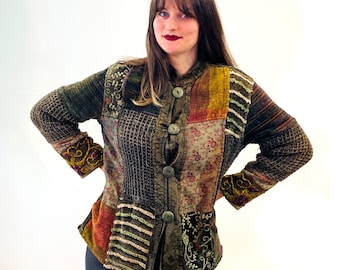 Kurtka z szenili patchworkowej z lat 90., rozmiar S, vintage, aksamitna, tweedowa, w stylu adamaszkowym „Flashback”, oliwkowozielona, boho, indyjska, ziemista, zapinana na guziki, rozmiar S