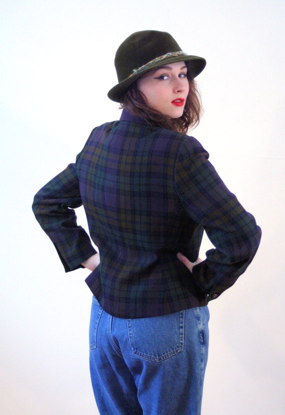 80s Boxy Plaid Jacket M, Vintage Dark Purple Gree… - image 3