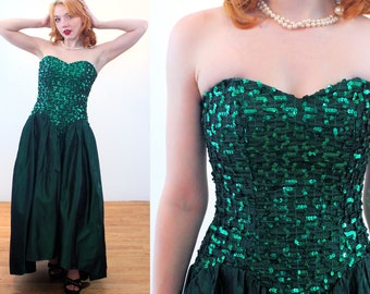 80s Sequin Strapless Gown XS or S, Vintage Emerald Green Glam Satin Gunne Sax Style Retro Princess Prom Dress, Small